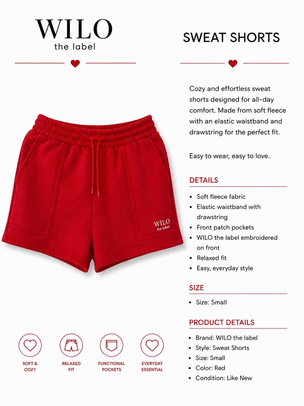 WILO the label Red Fleece Sweat Shorts - Women